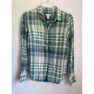 Womens Small J CREW Plaid 3/4 Button Shirt Green Plaid Cotton Spandex SOFT